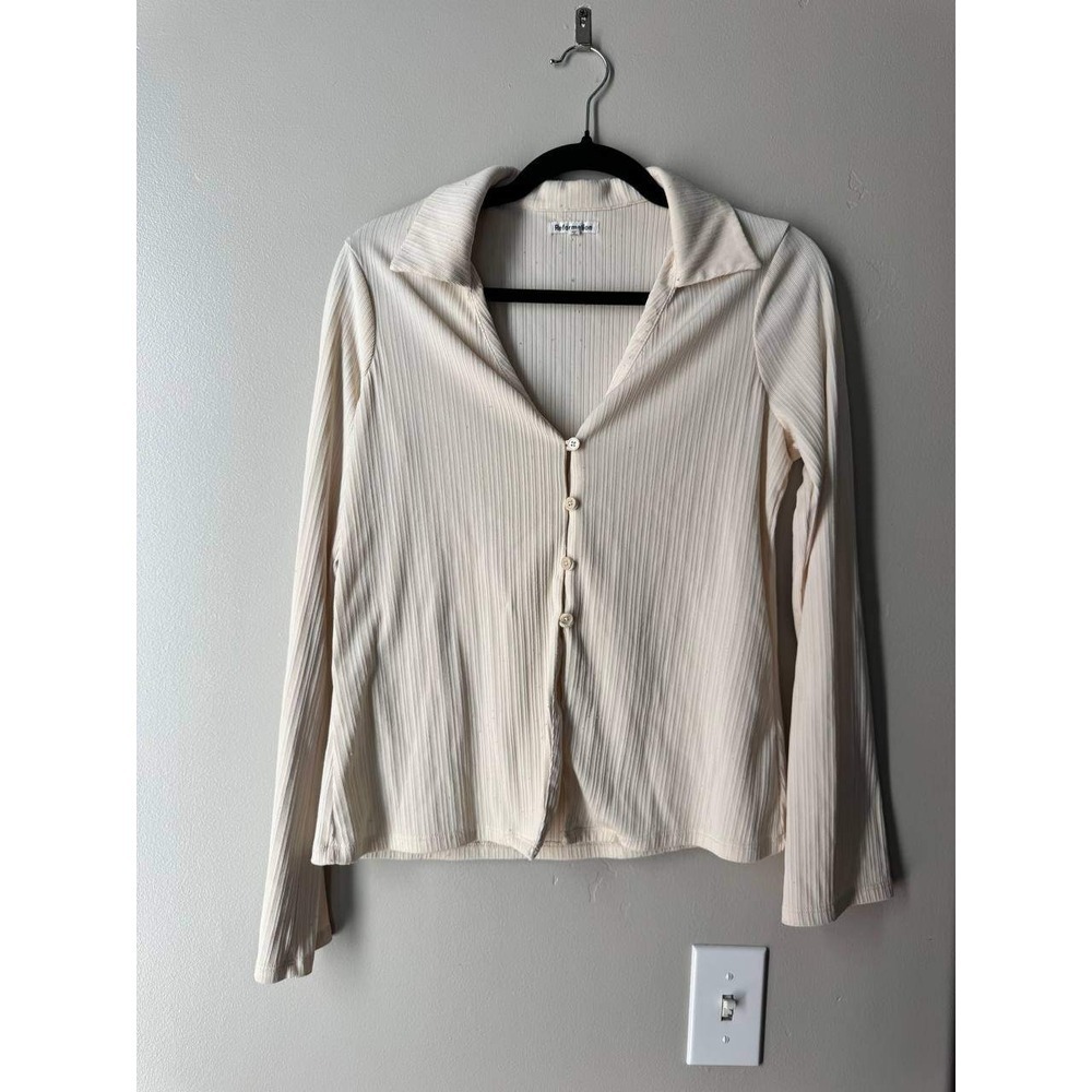 Reformation Cream Ribbed Button Front Top  M Long Sleeve Collared Cottagecore